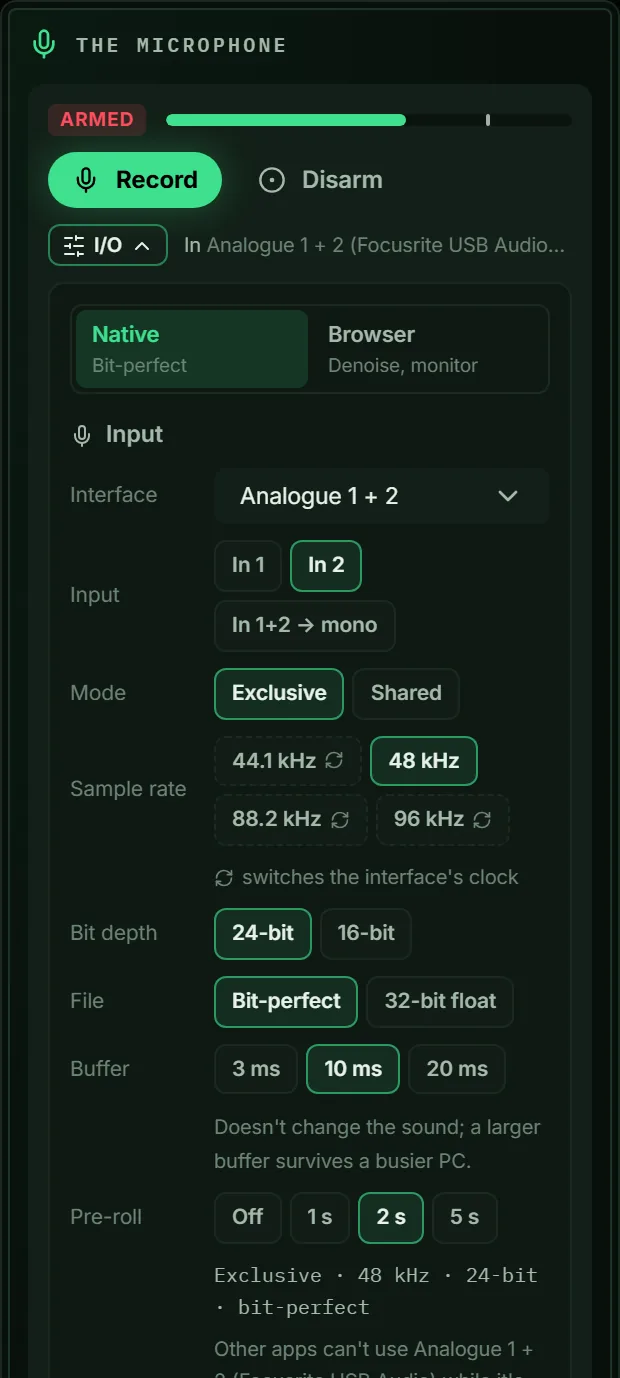 Das native Aufnahme-Panel: Exklusivmodus, 48 kHz, 24-bit, bit-perfect, mit Eingangskanal- und Pre-Roll-Auswahl.